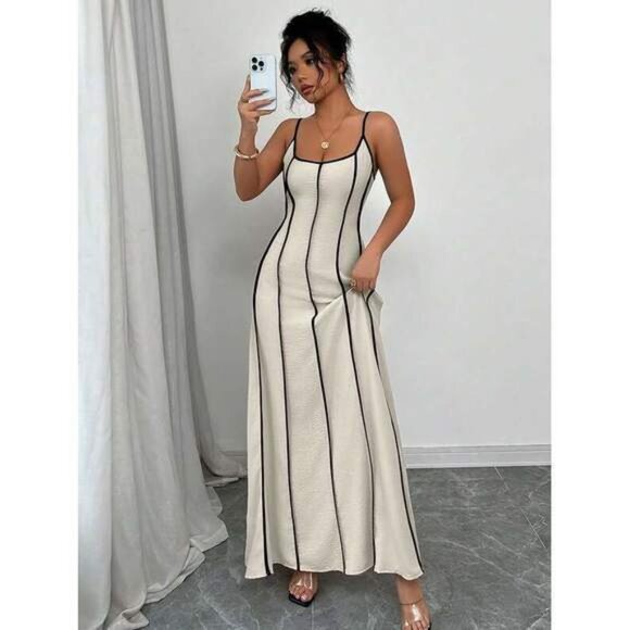 New Women's Summer Color Block Spaghetti Strap Backless Dress - Picture 6 of 7
